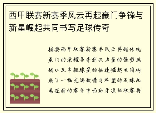 西甲联赛新赛季风云再起豪门争锋与新星崛起共同书写足球传奇