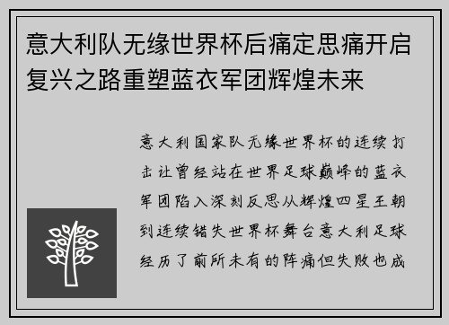 意大利队无缘世界杯后痛定思痛开启复兴之路重塑蓝衣军团辉煌未来